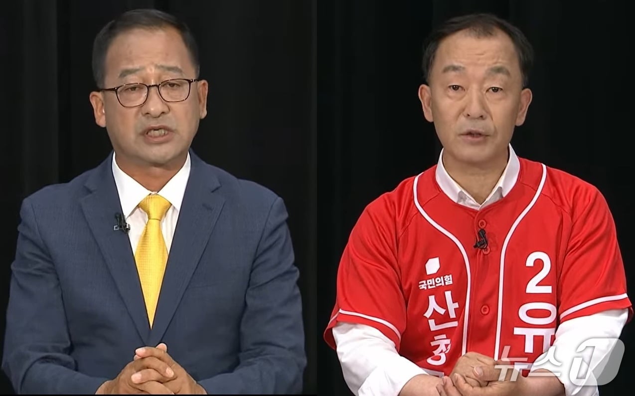 KNN 산청군수 후보자 토론회에 참석한 민주당 최호림(왼쪽), 국민의힘 유명현 후보 연설 장면. 2026.5.27