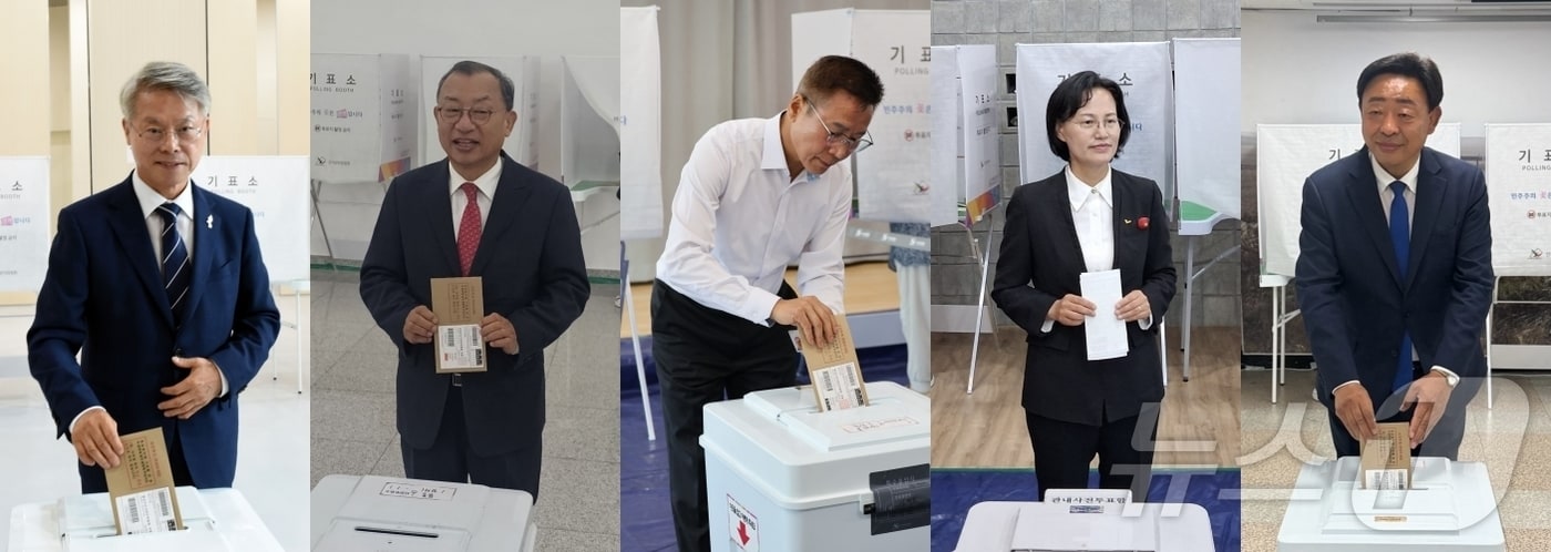 6·3지방선거 사전투표하는 전남광주특별시장 후보들. 왼쪽부터 민형배 더불어민주당 후보,이정현 국민의힘 후보, 이종욱 진보당 후보, 강은미 정의당 후보, 김광만 무소속 후보. 2026.5.29 ⓒ 뉴스1