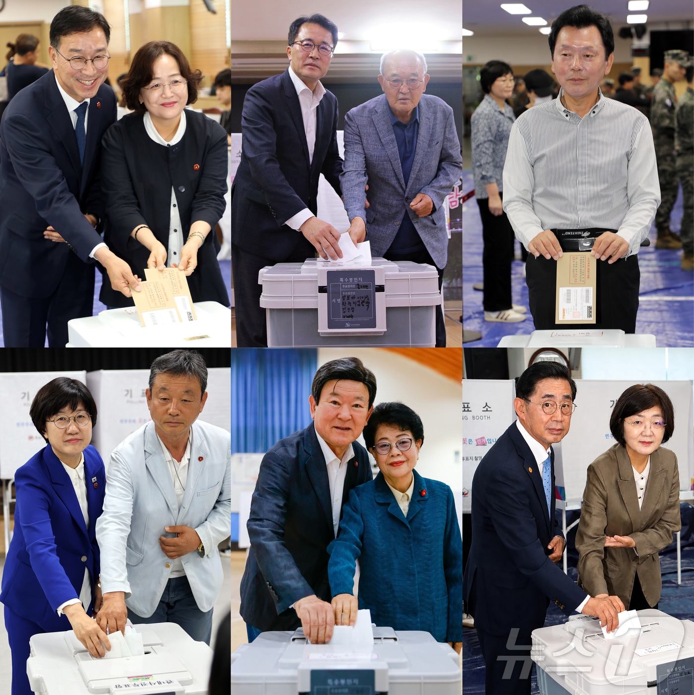 제주도지사 선거 기호 1번 위성곤 더불어민주당 후보(윗줄 왼쪽부터)와 기호 2번 문성유 국민의힘 후보, 기호 5번 양윤녕 무소속 후보, 제주도교육감 선거 고의숙 후보(아랫줄 왼쪽부터·이름순)와 김광수 후보, 송문석 후보가 제9회 전국동시지방선거 사전투표 첫날인 29일 오전 제주 사전투표소 곳곳에서 투표하고 있다. 2026.5.29 ⓒ 뉴스1 오미란 기자
