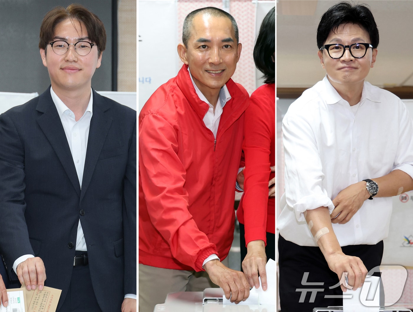 하정우 더불어민주당 부산 북구갑 국회의원 후보(왼쪽부터), 박민식 국민의힘 부산 북구갑 국회의원 후보, 한동훈 무소속 부산 북구갑 국회의원 후보가 29일 부산 북구 덕천2동행정복지센터, 만덕제2동행정복지센터에서 각각 사전투표를 하고 있다. (공동취재) 2026.5.29 ⓒ 뉴스1 윤일지 기자