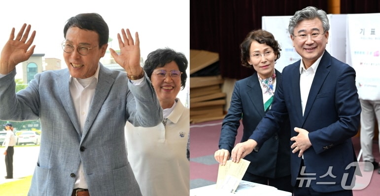 이남호 전북교육감 후보(왼쪽)와 천호성 후보가 사전투표 첫날인 29일 아내와 함께 소중한 주권을 행사했다.(각 선대위 제공, 재판매 및 DB 금지)/뉴스1