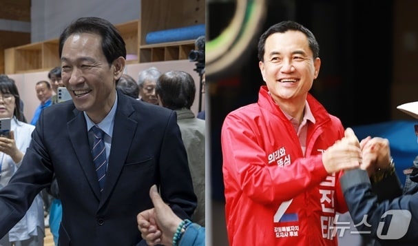 민선 9기 강원지사 선거에 도전하는 우상호 더불어민주당 후보와 김진태 국민의힘 후보가 3일 강원 동해안에서 일정을 소화하면서 세 결집을 시도했다. (두 후보 측 제공. 재판매 및 DB금지) 2026.5.3/뉴스1