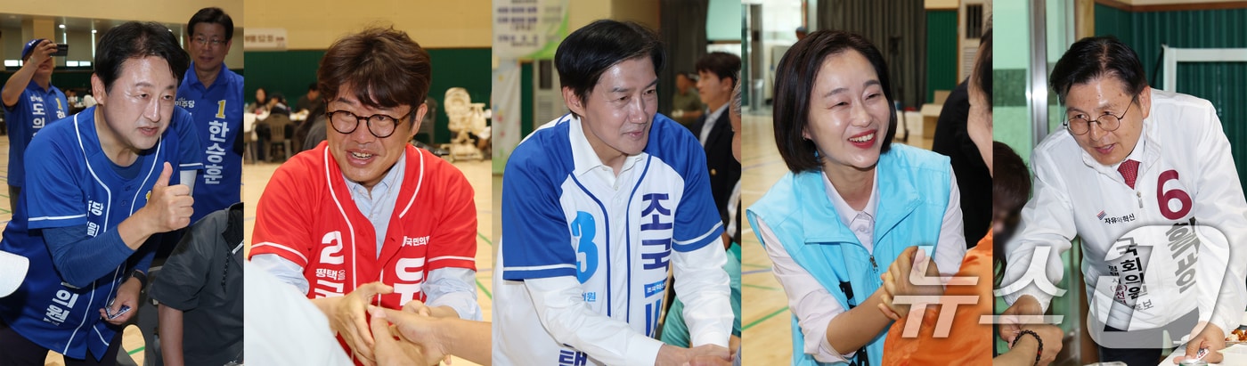 경기평택을 국회의원 재선거에 출마한 김용남 더불어민주당(왼쪽부터), 유의동 국민의힘, 조국 조국혁신당, 김재연 진보당, 황교안 자유와혁신 후보. 2026.5.31 ⓒ 뉴스1 김영운 기자