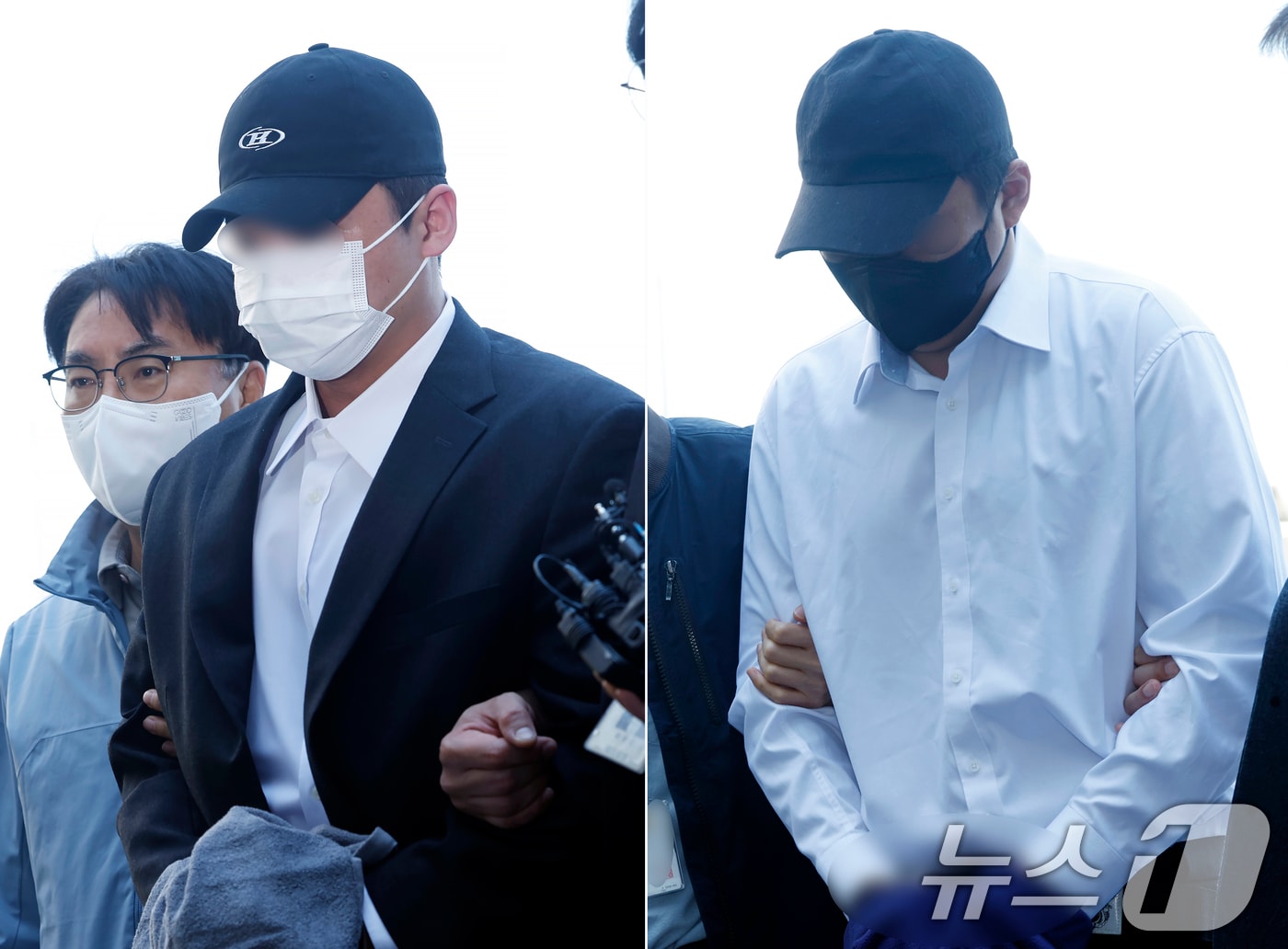 고(故) 김창민 영화감독을 폭행해 숨지게 한 혐의를 받는 피의자 A 씨와 B 씨 2명이 4일 오전 경기도 남양주시 다산중앙로 의정부지법 남양주지원으로 구속 전 피의자 심문(영장실질심사)을 받기 위해 들어오고 있다. 2026.5.4 ⓒ 뉴스1 박정호 기자