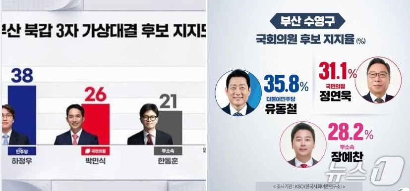 왼쪽은 여론조사기관 입소스가  SBS 의뢰로 지난 1일부터 3일까지 부산 북구갑 유권자 503명을 대상으로 무선 전화면접조사 방식으로 실시한 부산 북구갑 국회의원 보궐선거 후보 지지도 조사 결과로  응답률은 14.4%, 표본 오차는 95% 신뢰 수준에 ±4.4%포인트로 자세한 내용은 중앙선거여론조사심의위 홈페이지를 참고하면 된다. 오른쪽은  한국사회여론연구소(KSOI)가 부산일보와 부산MBC의 의뢰로 2024년 4월 1일부터 2일까지 수영구 유권자 507명을 대상으로 무선 자동응답(ARS) 조사로 실시한 것으로 응답률은 9.3%였으며 표본오차는 95% 신뢰수준에 ±4.4%포인트. 자세한 내용은 중앙선거여론조사심의위 홈페이지를 참고하면 된다.