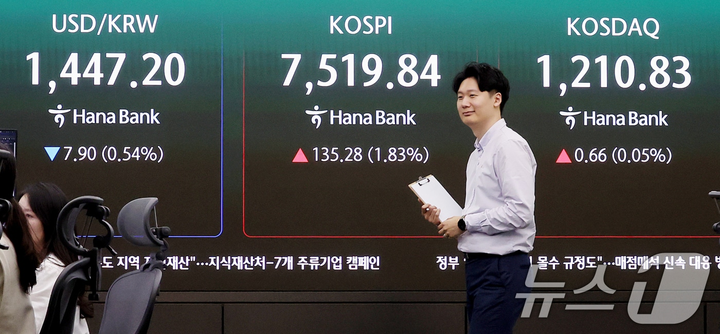 코스피 지수가 사상 최고치 흐름을 이어간 7일 오전 서울 중구 하나은행 딜링룸 전광판에 시황이 표시되고 있다. 이날 코스피는 전 거래일 대비 114.51포인트(1.55%) 오른 7499.07에 개장했다. ⓒ 뉴스1 조연우 인턴기자