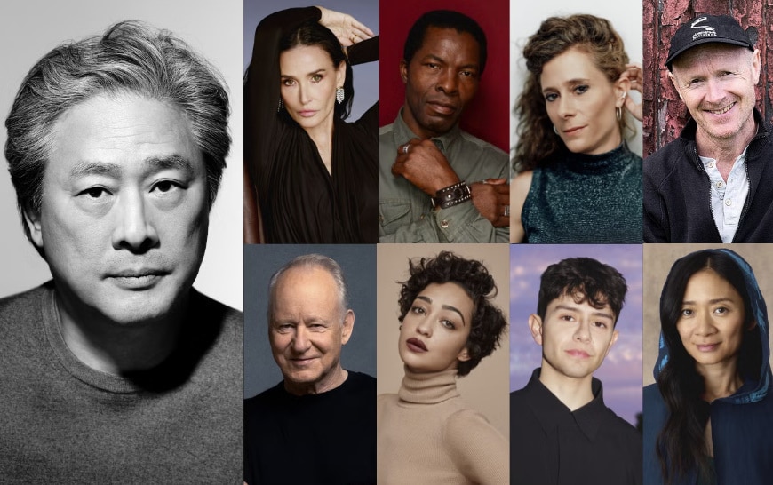  맨 왼쪽에서부터 박찬욱 감독ⓒ Lee Seung-hee / 데미 무어 ⓒ Thomas Whiteside / I이삭 드 번콜 ⓒ Larry Busacca /  로라 완델 ⓒ Thomas Laisn&eacute; / 폴 라베티 ⓒ Joss Barratt  / 스텔란 스카스가드 ⓒ NEON / 루스 네가 ⓒ Justin Coit / 디에고 세스페데스 ⓒ Tom Chenette  / 클로이 자오 ⓒ Christian Tierney/ 칸 영화제 홈페이지 캡처