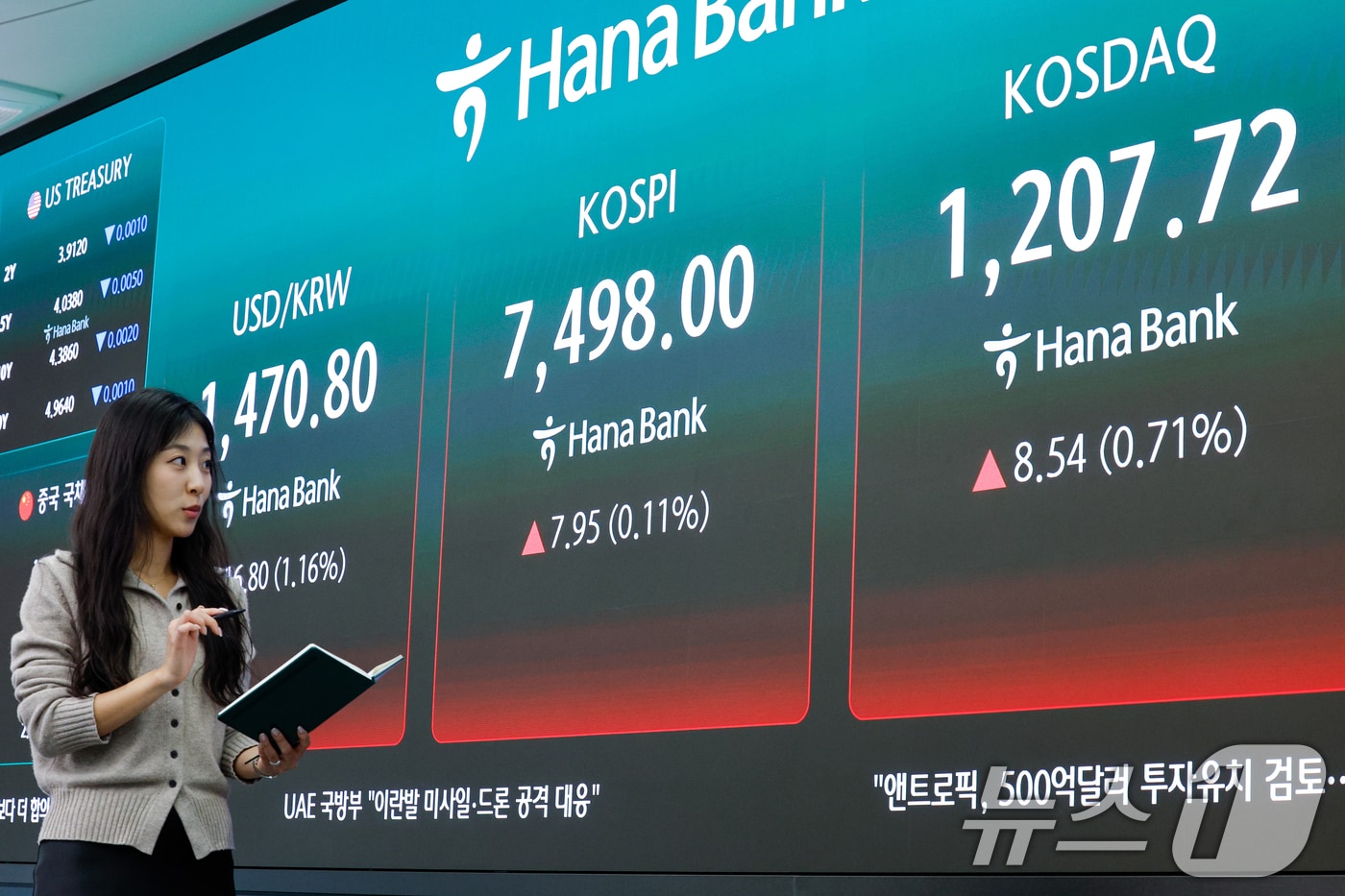 서울 중구 하나은행 딜링룸에 코스피 지수가 7.95포인트(0.11%) 상승한 7498.00을 나타내고 있다. 2026.5.8 ⓒ 뉴스1 안은나 기자
