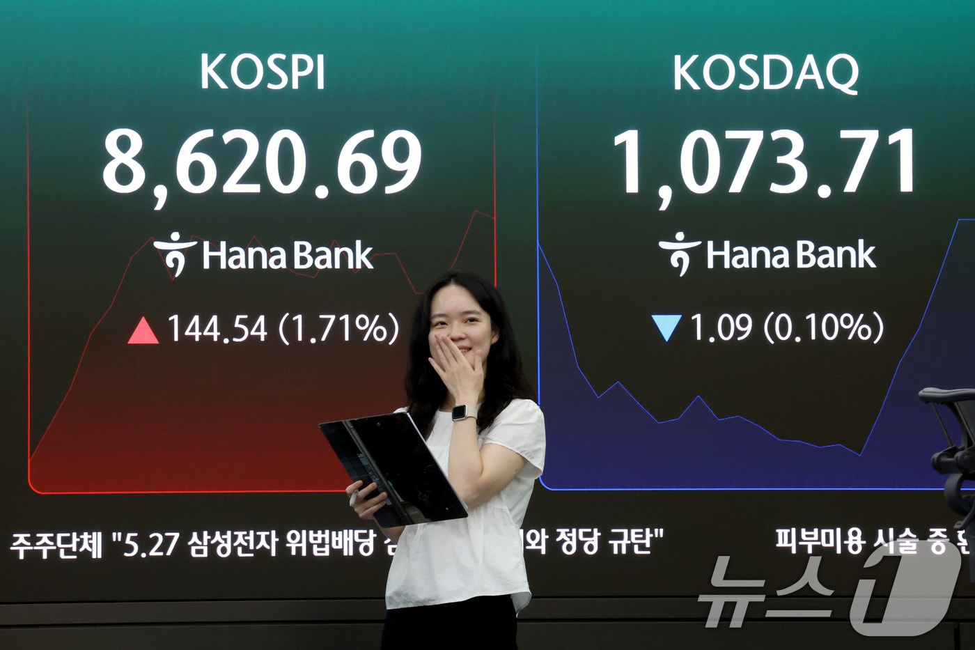 1일 오전 서울 중구 하나은행 본점 딜링룸 현황판에 전장대비 144.54포인트(1.71%) 상승한 8,620.69를 나타내고 있다. 2026.6.1 ⓒ 뉴스1 이광호 기자
