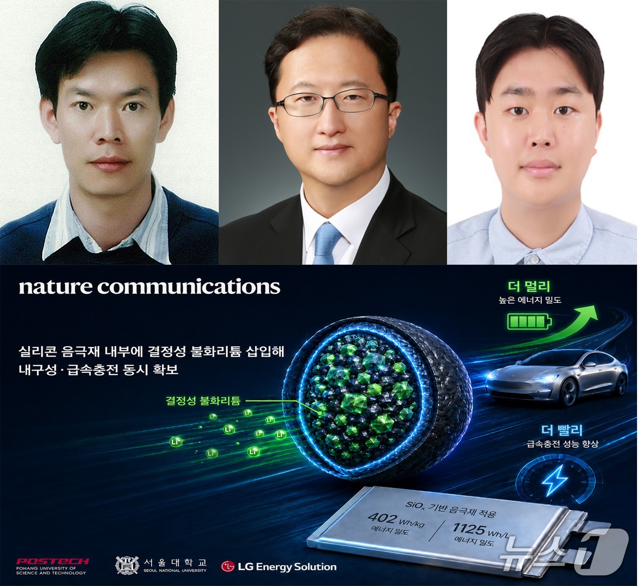 1일 포스텍 화학과 박수진 교수팀이 20분 충전만으로 1000㎞ 주행할 수 있는 고강도 실리콘 음극 소재를 개발했다. 왼쪽부터 박수진 포스택 화학과 교수, 최창욱 서울대 화학생물공학부 교수, 제민준 포스텍 화학과 박사.(포스텍제공, 재판매 및 DB금지) 2026.6.1/뉴스1