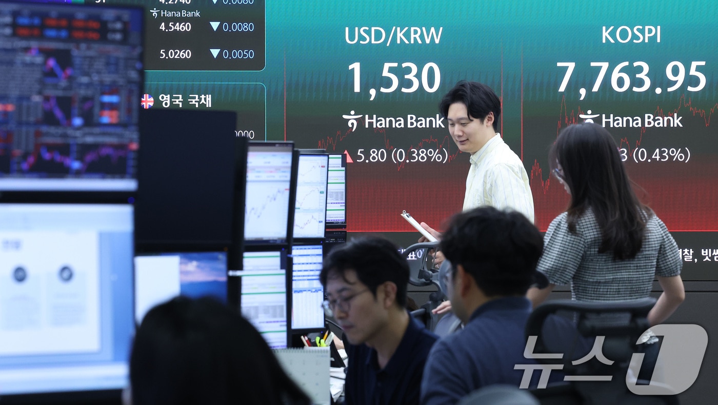 11일 서울 중구 하나은행 본점 딜링룸 전광판에 종가가 나오고 있다. 이날 코스피는 전일 종가와 비교해 33.13포인트(0.43%) 상승한 7763.95, 코스닥은 전일 대비 45.30포인트(4.76%) 상승한 996.93로 마감했다. 서울외환시장에서 달러·원 환율은 전일 오후 3시 30분 주간종가 대비 4.7원 오른 1528.9원을 기록했다. 2026.6.11 ⓒ 뉴스1 김성진 기자