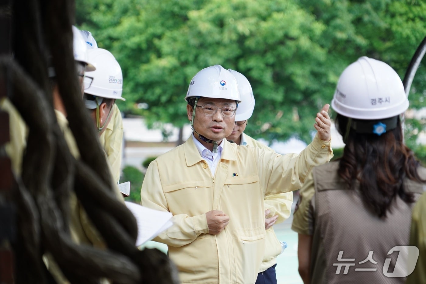 박은식 산림청장이 11일 경주 훈증더미 제거사업장에서 관계자들과 훈증더미 제거 상황을 점검하고 있다. (산림청 제공.재판매 및 DB금지)/뉴스1