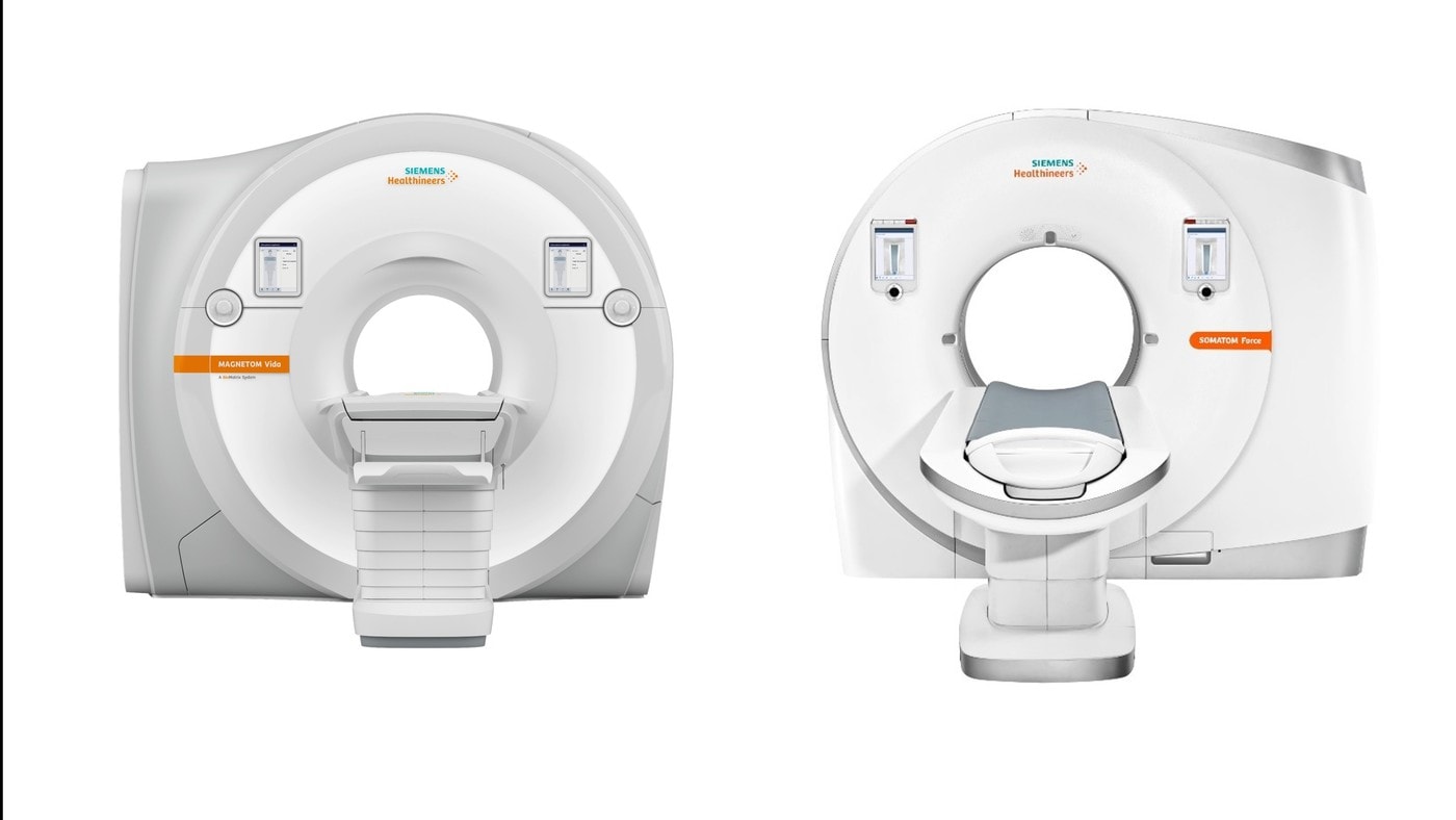 지멘스 헬시니어스의 3.0T MRI ‘마그네톰 비다‘(좌)와 듀얼소스 CT '소마톰 포스'(우). (지멘스 헬시니어스 제공)