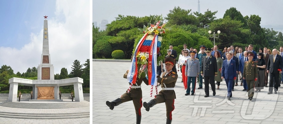 (평양 노동신문=뉴스1) = 북한 노동당 기관지 노동신문은 11일 주북 러시아대사관 관계자들이 러시아 국경일을 맞아 해방탑에 화환을 진정했다고 보도했다. [국내에서만 사용가능. 재배포 금지. DB 금지. For Use Only in the Republic of Korea. Redistribution Prohibited] rodongphoto@news1.kr