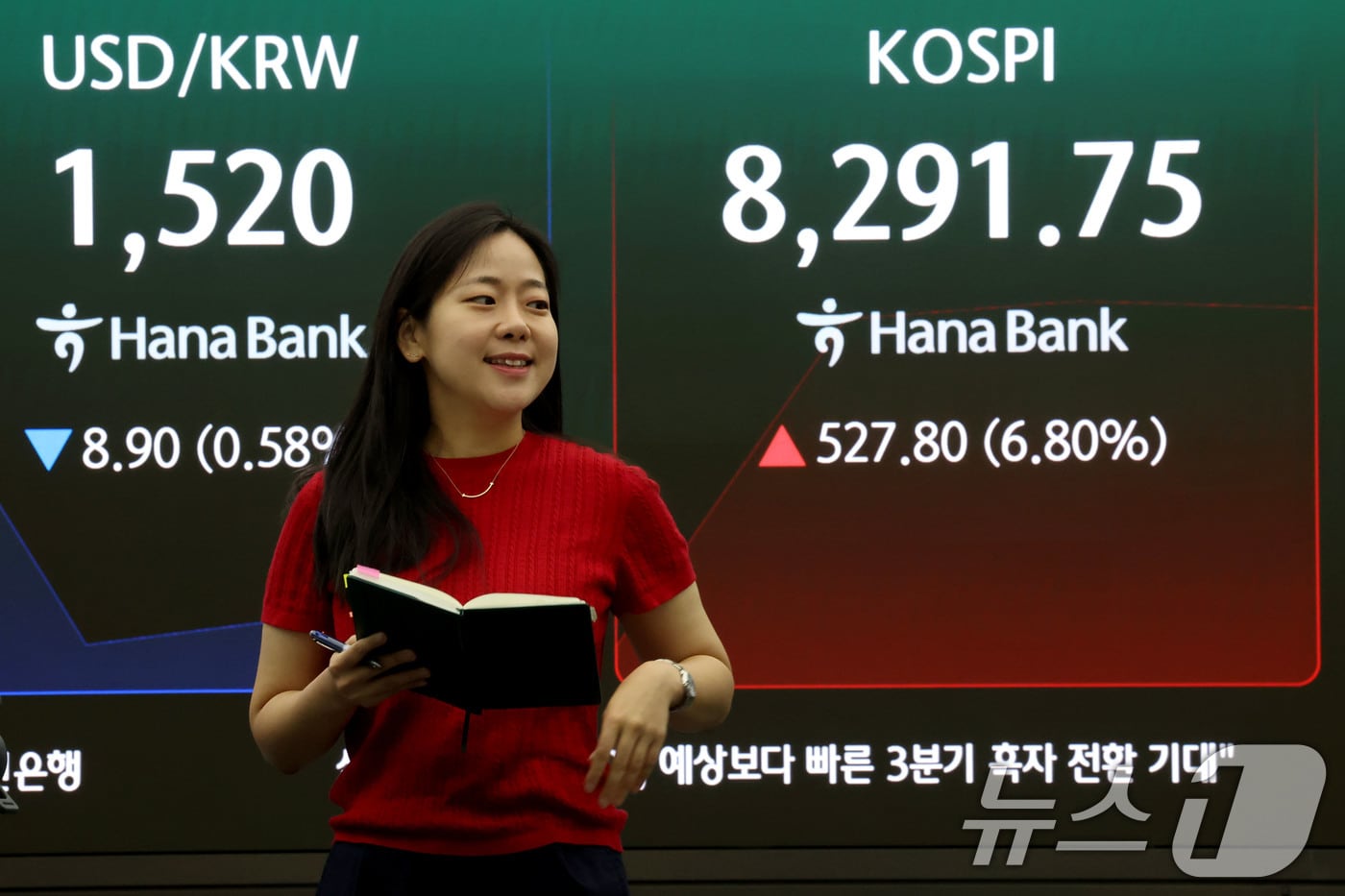 코스피 지수가 6%대 급등 출발한 12일 오전 서울 중구 하나은행 본점 딜링룸 현황판에 전장대비 527.80포인트(6.80%) 상승하 8,291.75를 나타내고 있다. ⓒ 뉴스1 이광호 기자