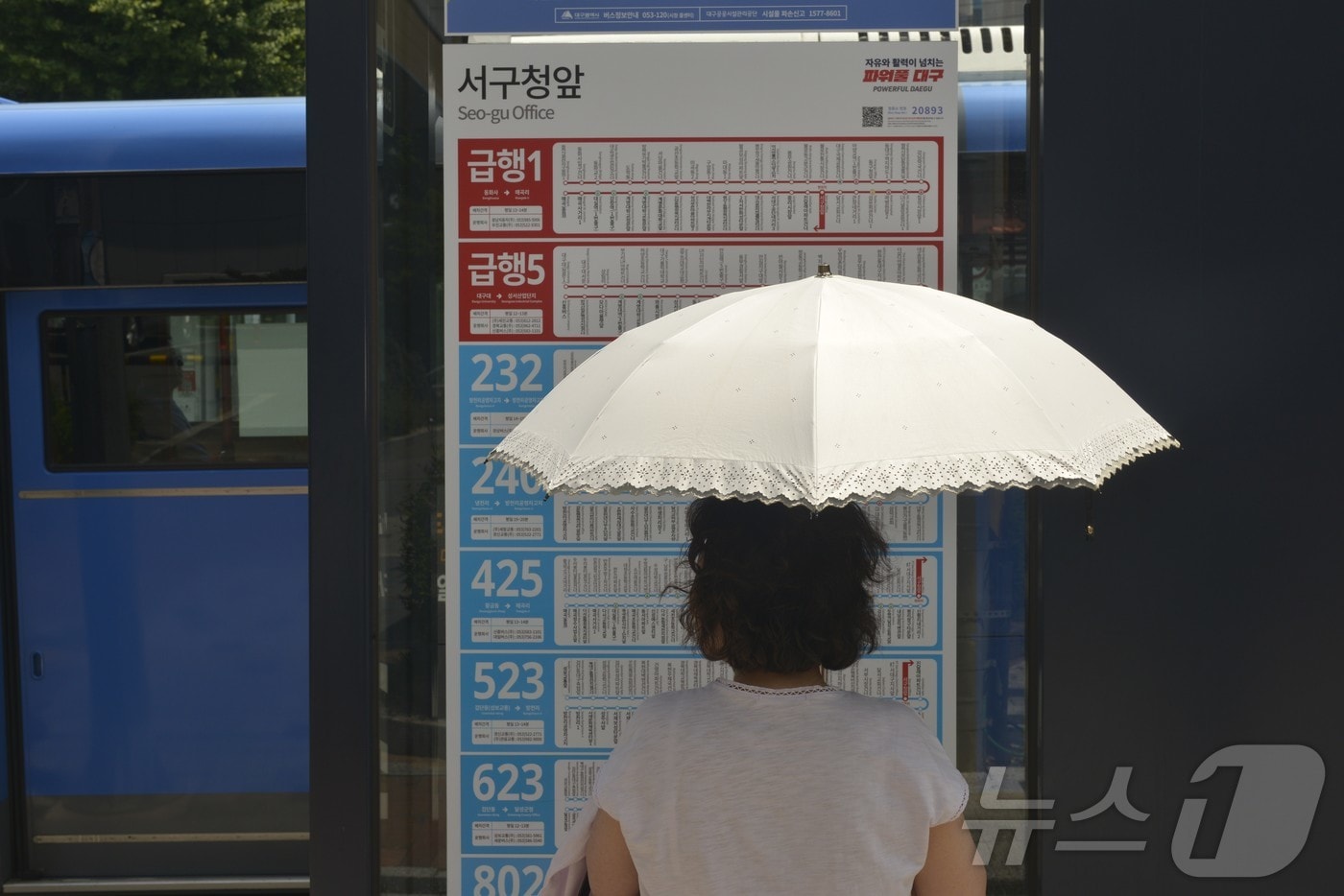 16일 오후 대구 서구청앞 버스정류장에서 한 시민이 양산을 쓴 채 버스를 기다리고 있다. 이날 대구·경북 대부분 지역의 낮 기온이 30도를 웃돌며 한여름 같은 더위가 이어졌다. 2026.6.16 ⓒ 뉴스1 이성덕 기자