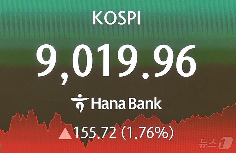 코스피지수가 장중 사상 처음으로 9000을 돌파한 18일 오후 서울 중구 하나은행 본점 딜링룸 전광판에 코스피 시황이 나오고 있다. 2026.6.18 ⓒ 뉴스1 최지환 기자