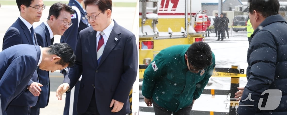 주요 7개국(G7) 정상회의 일정을 마친 이재명 대통령이 18일 경기 성남 서울공항에 도착해 정청래 더불어민주당 대표로 인사를 받고 있다. 오른쪽은 2024년 1월 23일 동훈 국민의힘 비상대책위원장이 충남 서천 특화시장 화재 현장을 방문한 윤석열 대통령에게 폴더 인사하는 모습. ⓒ 뉴스1 허경 기자· 김기태 기자
