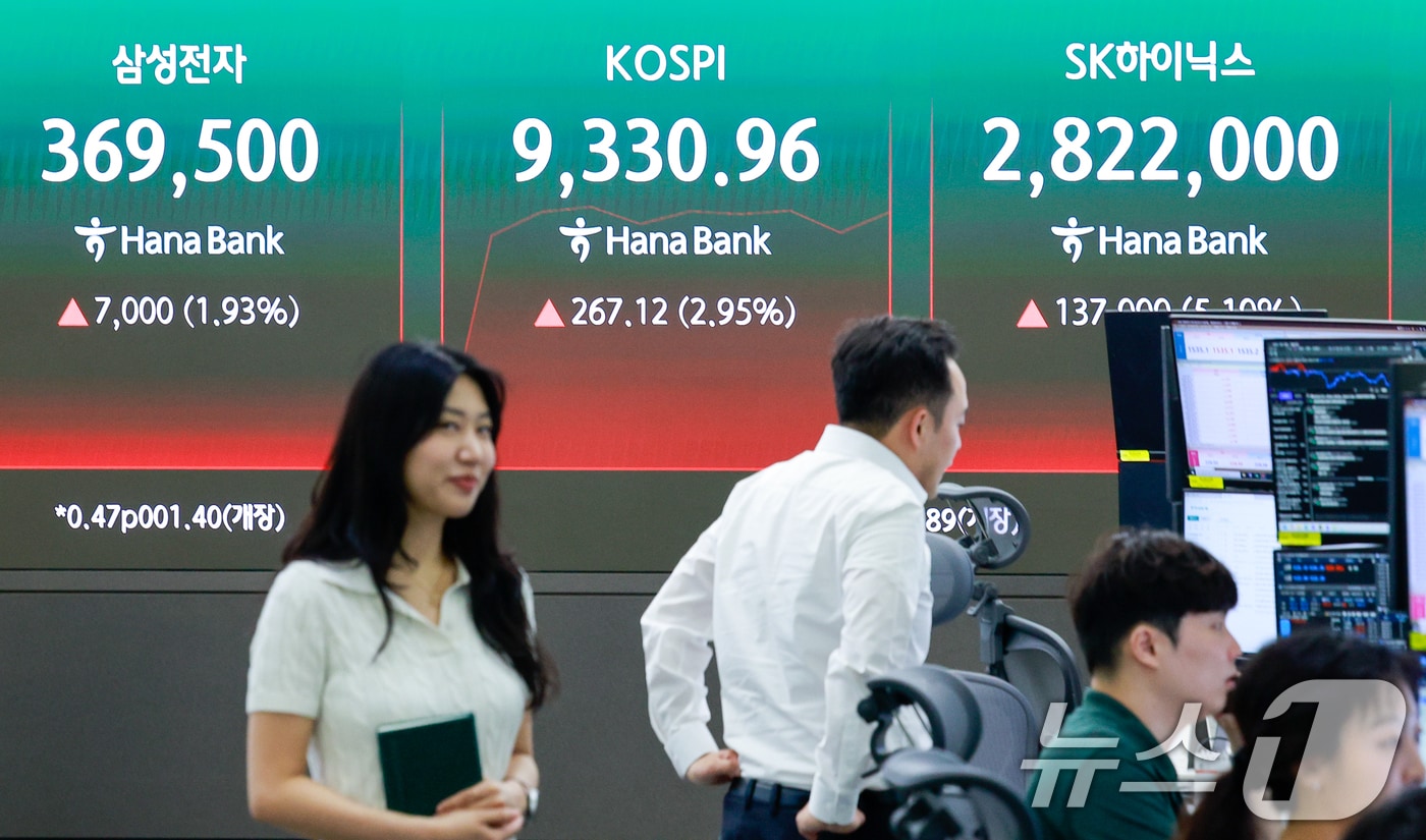 19일 오전 서울 중구 하나은행 본점 딜링룸 전광판에 코스피 지수 개장 후 시황과 SK하이닉스, 삼성전자 주가가 나오고 있다. 2026.6.19 ⓒ 뉴스1 안은나 기자