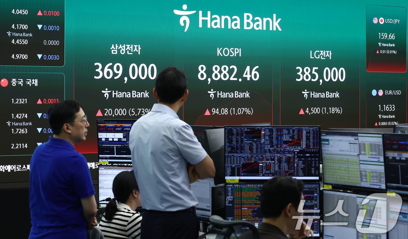 서울 중구 하나은행 본점 딜링룸 전광판에 코스피와 삼성전자, LG전자 지수가 나오고 있다. 2026.6.2 ⓒ 뉴스1 김민지 기자