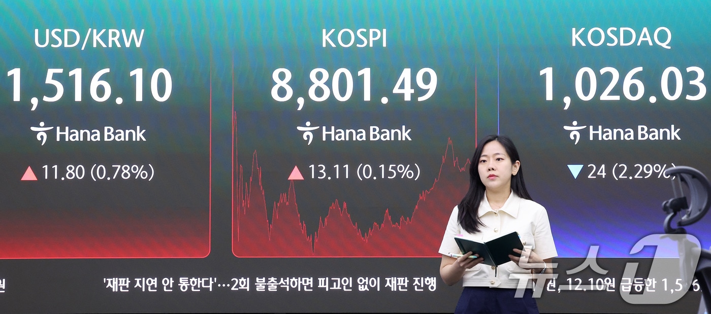 코스피 지수가 8800선을 돌파하며 최고치를 경신한 2일 서울 중구 하나은행 본점 딜링룸 전광판에 종가가 나오고 있다. 2026.6.2 ⓒ 뉴스1 김성진 기자