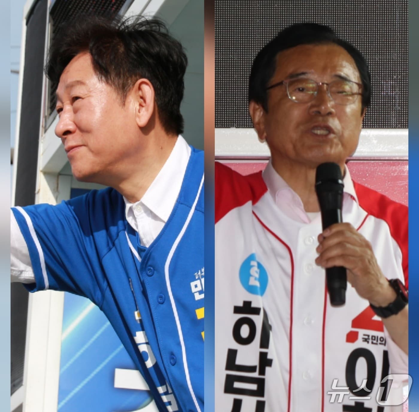 6·3 전국동시지방선거 공식 선거운동 마지막 날인 2일 경기 하남시장 선거에 출마한 강병덕 더불어민주당 후보와 이현재 국민의힘 후보가 유세를 하고 있다.(각 캠프 제공. 재판매 및 DB 금지)/뉴스1