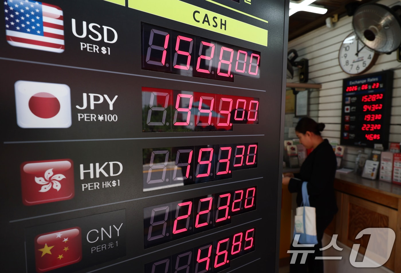 원·달러 환율이 1500원대 중반을 이어가고 있는 23일 오후 서울 중구 명동의 환전소에서 외국인 관광객들이 환전소에서 환전을 하고 있다. 2026.6.23 ⓒ 뉴스1 김민지 기자