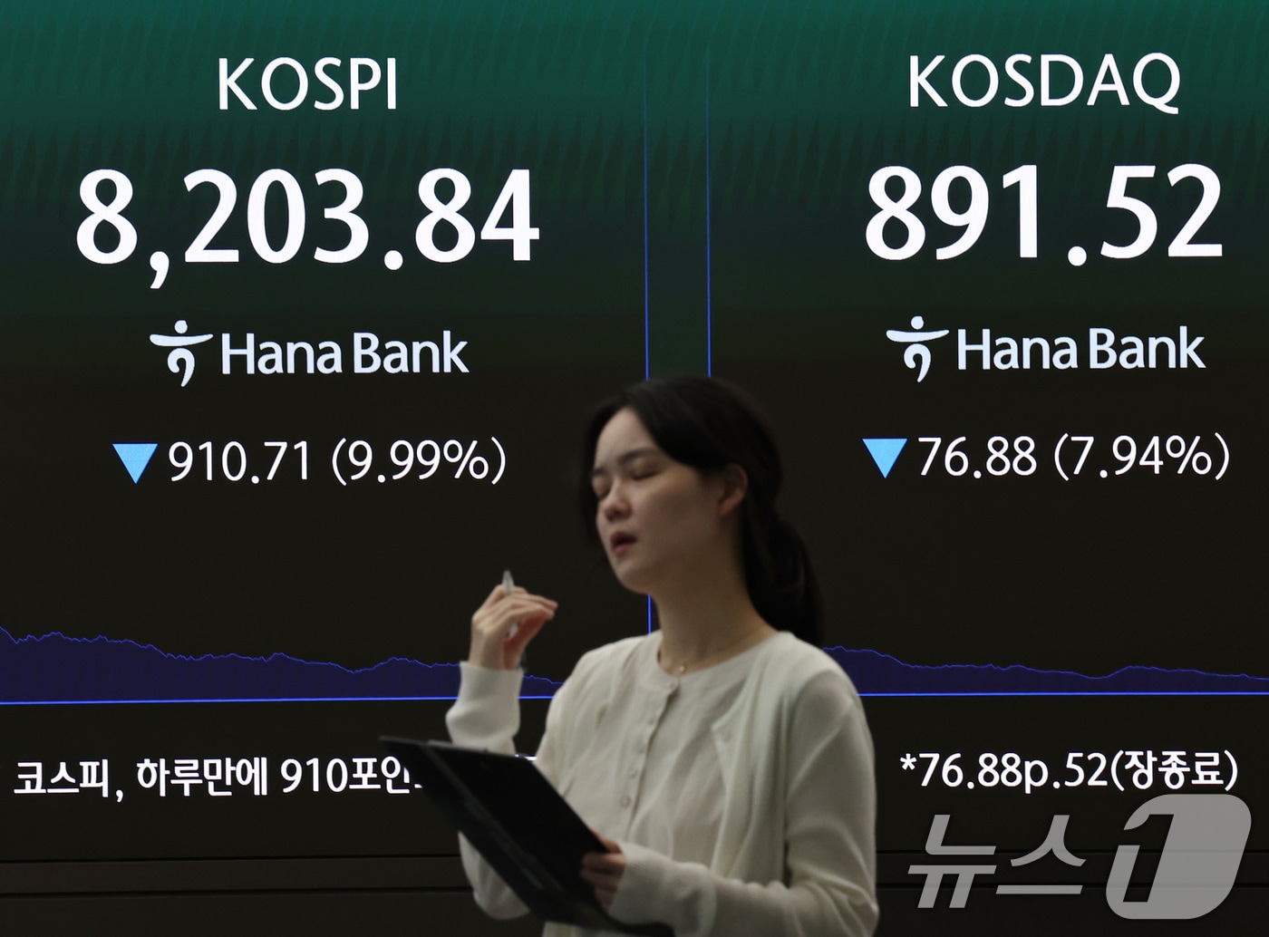 23일 서울 중구 하나은행 본점 딜링룸 전광판에 코스피 등 시황이 나오고 있다. 이날 코스피는 전거래일 대비 910.71포인트(9.99%) 내린 8203.84로 장을 마쳤고 코스닥도 76.88포인트(7.94%) 내린 891.52로 장을 마감했다. 이날 코스피는 반도체 쏠림 현상에 외국인의 차익실현 매도세가 더해지면서 프로그램매도호가 일시효력정지(사이드카)에 이어 서킷브레이커(매매중단조치)가 발동됐다. 2026.6.23 ⓒ 뉴스1 구윤성 기자