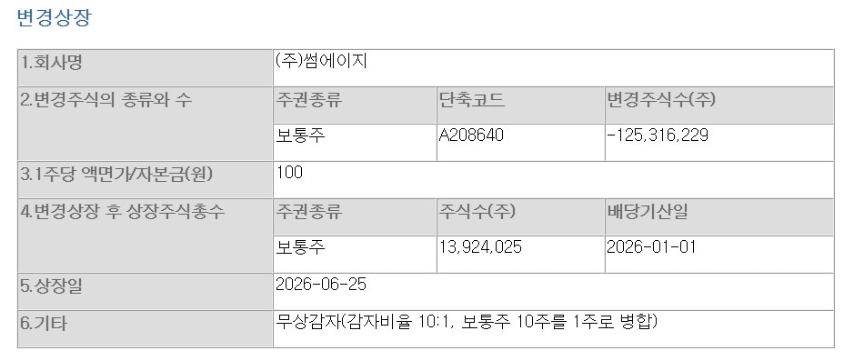 썸에이지 공시화면 갈무리