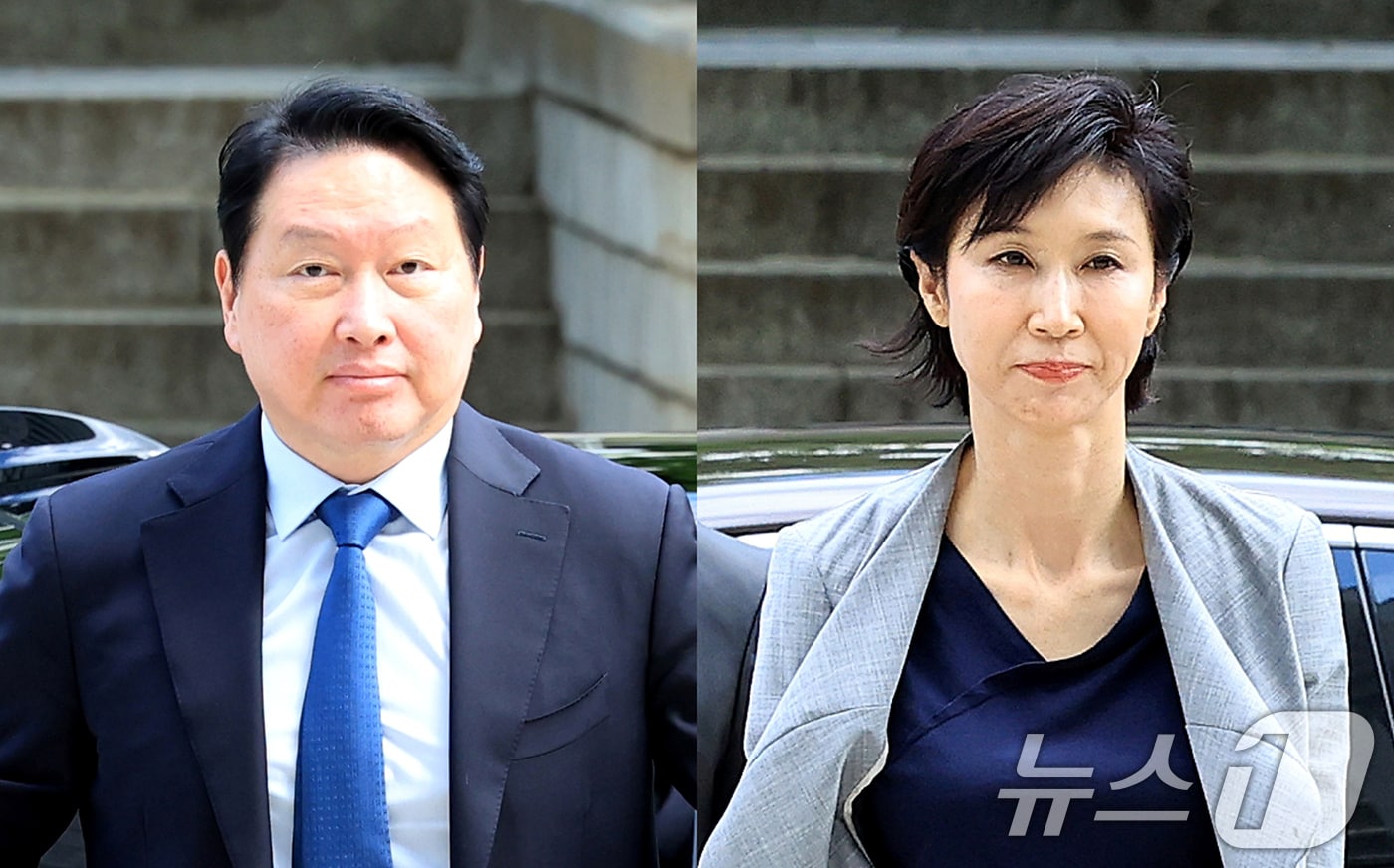 최태원 SK그룹 회장과 노소영 아트센터 나비 관장이 26일 서울 서초구 서울고등법원에서 열린 파기환송심 2차 변론에 출석하고 있다. ⓒ 뉴스1 이호윤 기자