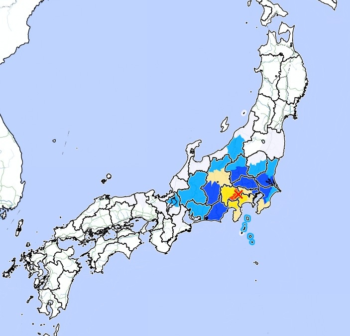 일본 야마나시현 동부 후지 5호에서 규모 5.6의 지진이 발생했다. (사진=일본 기상청 지도 갈무리)