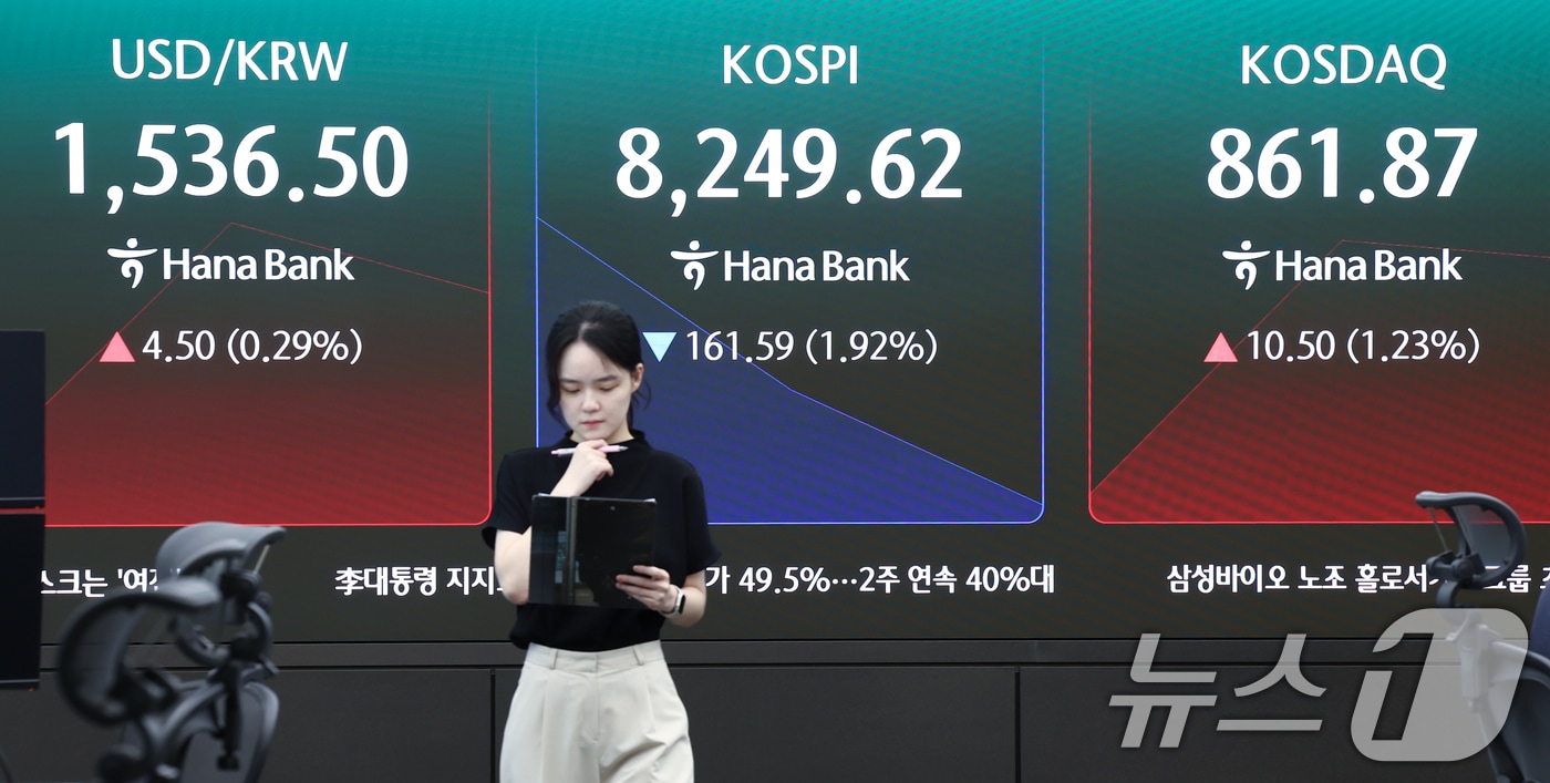 29일 오전 서울 중구 하나은행 딜링룸 전광판에 코스피, 코스닥 등 개장 시황이 나오고 있다. 2026.6.29 ⓒ 뉴스1 김민지 기자