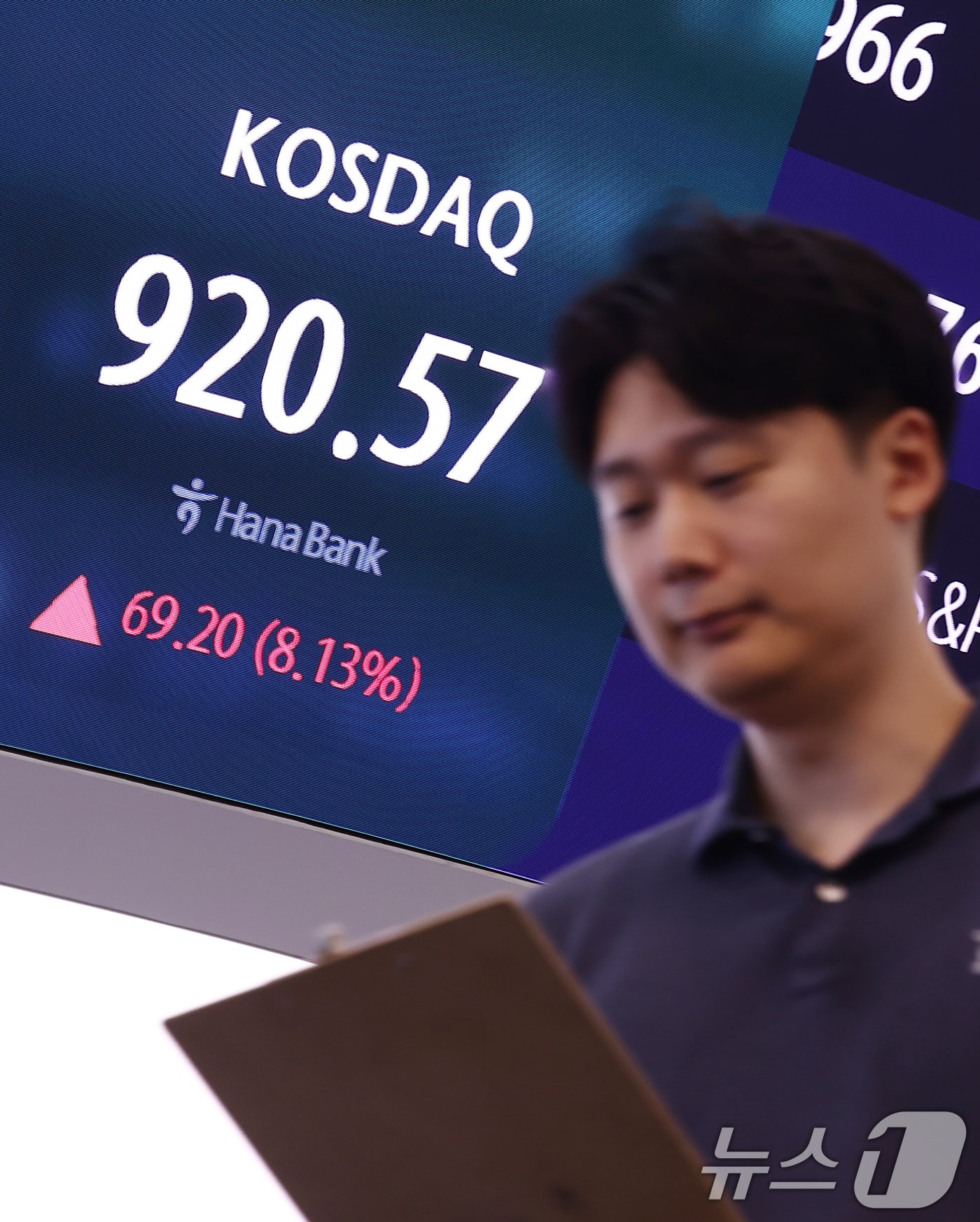 29일 오후 서울 중구 하나은행 딜링룸 전광판에 종가가 나오고 있다. 이날 코스피는 전 거래일보다 0.2% 내린 8394.65, 코스닥은 전 거래일보다 8.13% 급등한 920.57에 마감했다. 원·달러 환율은 전 거래일(1532.0원)보다 13.2원 상승한 1545.2원에 주간 거래를 마감했다. 2026.6.29 ⓒ 뉴스1 김민지 기자