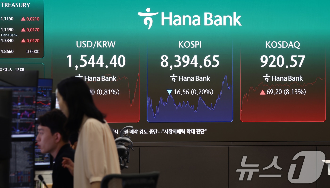 29일 오후 서울 중구 하나은행 딜링룸 전광판에 종가가 나오고 있다.  2026.6.29 ⓒ 뉴스1 김민지 기자