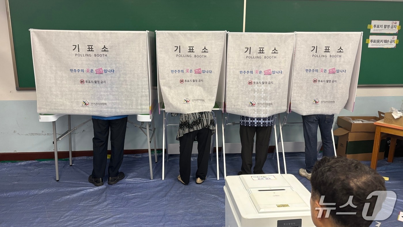 창원 안남초등학교에 마련된 투표소에서 유권자들이 투표하고 있다. 2026.6.3 ⓒ 뉴스1 강정태 기자