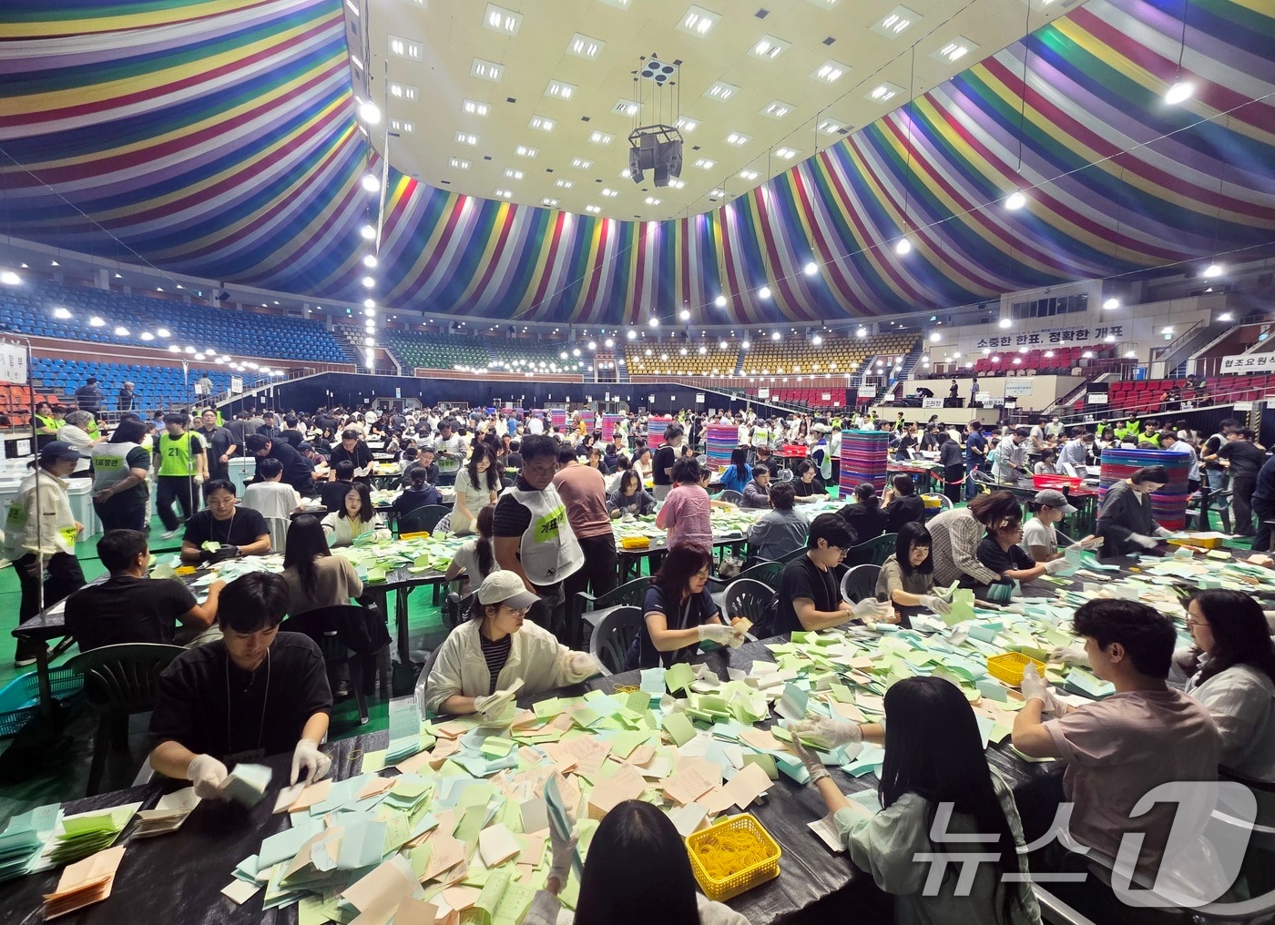 제9회 전국동시지방선거일인 3일 오후 제주시 한라체육관에서 개표 작업이 이뤄지고 있다.2026.6.3 ⓒ 뉴스1 고동명 기자