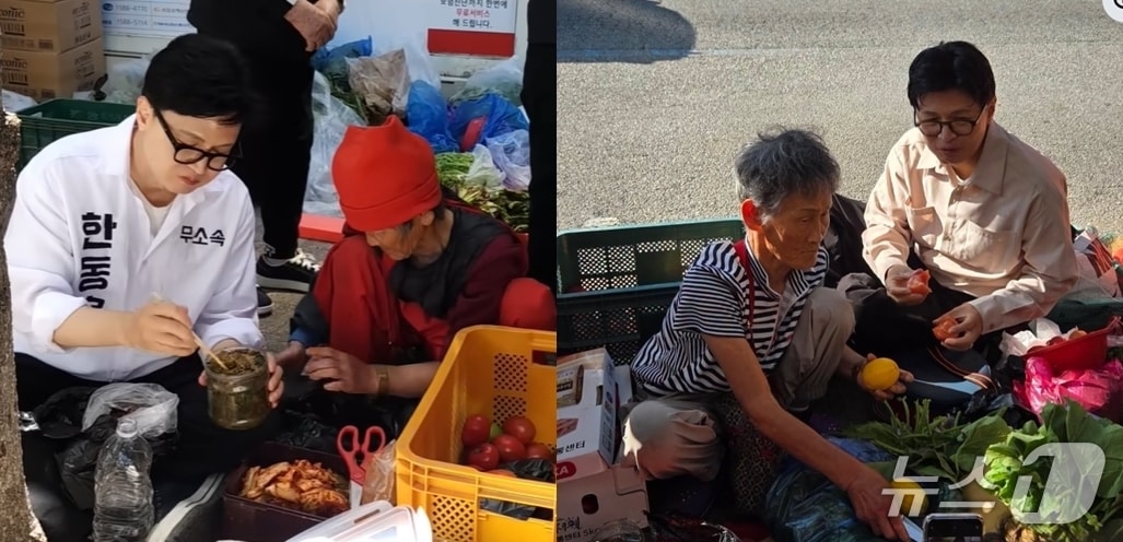 무소속 한동훈 의원이 지난 주말 부산 구포시장을 찾아 '찰밥 할머니'가 건넨 토마토를 맛있게 먹고 있는 모습(오른쪽).  한 의원은 지난 5월 8일 찰밥 할머니가 건넨 찰밥(왼쪽)을 영원히 잊지 못하겠다며 자신의 SNS 간판 사진으로 걸었다. (SNS 갈무리) ⓒ 뉴스1