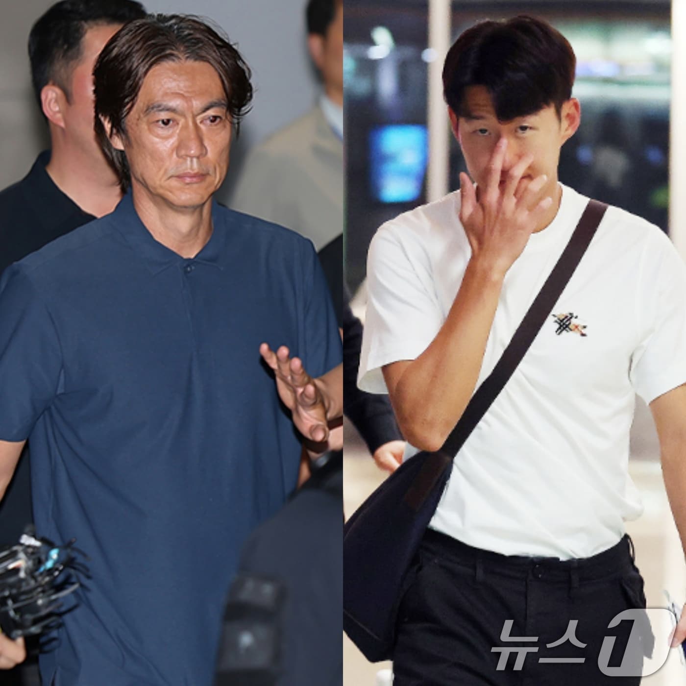 2026 북중미 월드컵 32강 진출 실패의 책임을 지고 사퇴 의사를 밝힌 홍명보 축구대표팀 감독(왼쪽)이 30일 새벽 인천국제공항 2터미널을 통해 입국해 이동하고 있다. 오른쪽은 축구국가대표팀 손흥민이 29일(현지시간) 미국 로스앤젤레스 국제공항에서 귀국하는 비행기에 오르고 있는 모습. 홍 감독과 따로 귀국길에 오른 손흥민은 1일 귀국 예정이다. 2026.6.30 ⓒ 뉴스1 안은나 기자,임세영 기자
