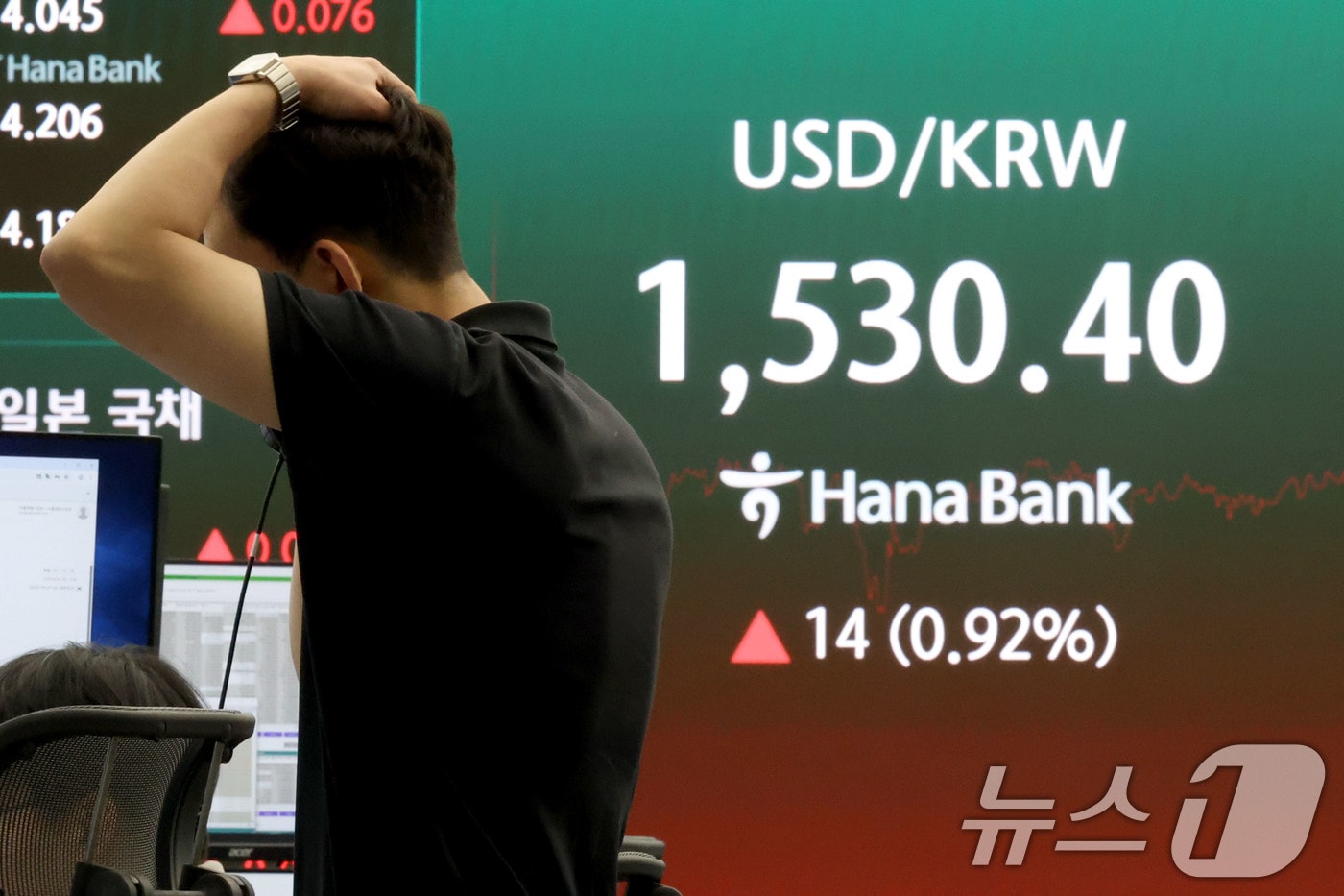 4일 서울 중구 하나은행 딜링룸 현환판에 원달러환율이 전장대비 14원(0.92%) 상승한 1,530.40원에 거래되고 있다. 2026.6.4 ⓒ 뉴스1 이광호 기자