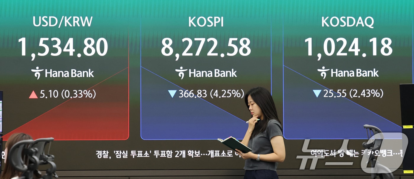 코스피 지수가 급락한 5일 서울 중구 하나은행 딜링룸 전광판에 장초반 시황이 나타나고 있다. 2026.6.5 ⓒ 뉴스1 박지혜 기자