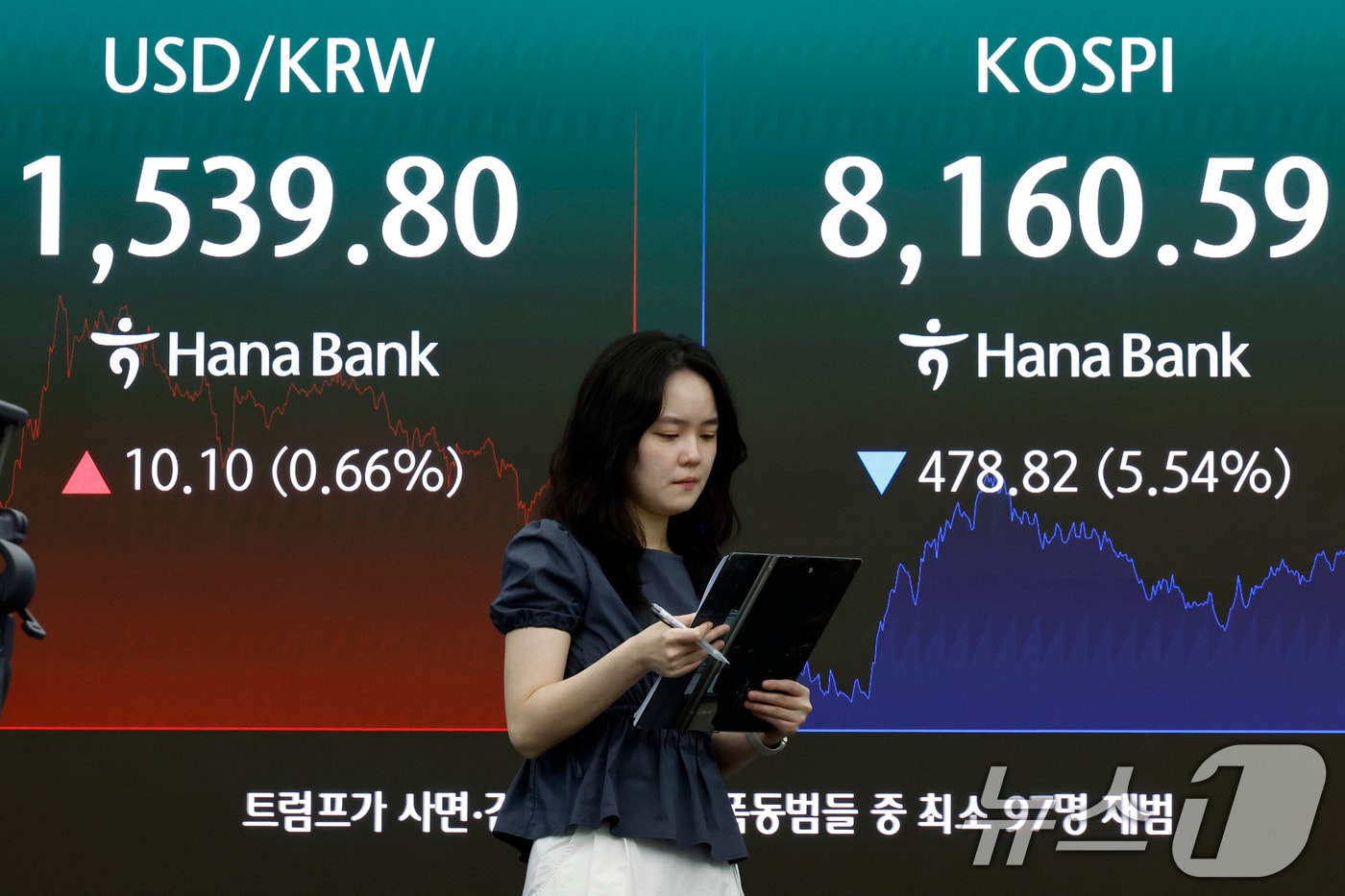 지난 5일 오후 서울 중구 하나은행 딜링룸 전광판에 코스피 등 종가가 표시되고 있다 2026.6.5 ⓒ 뉴스1 박정호 기자