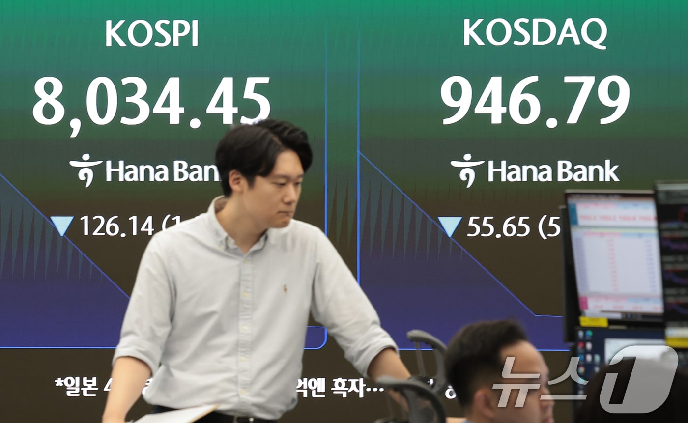 코스피 지수가 개장과 함께 폭락해 서킷 브레이커가 발동된 8일 오전 서울 중구 하나은행 딜링룸에 코스피 지수가 나타나고 있다. 2026.6.8 ⓒ 뉴스1 권현진 기자