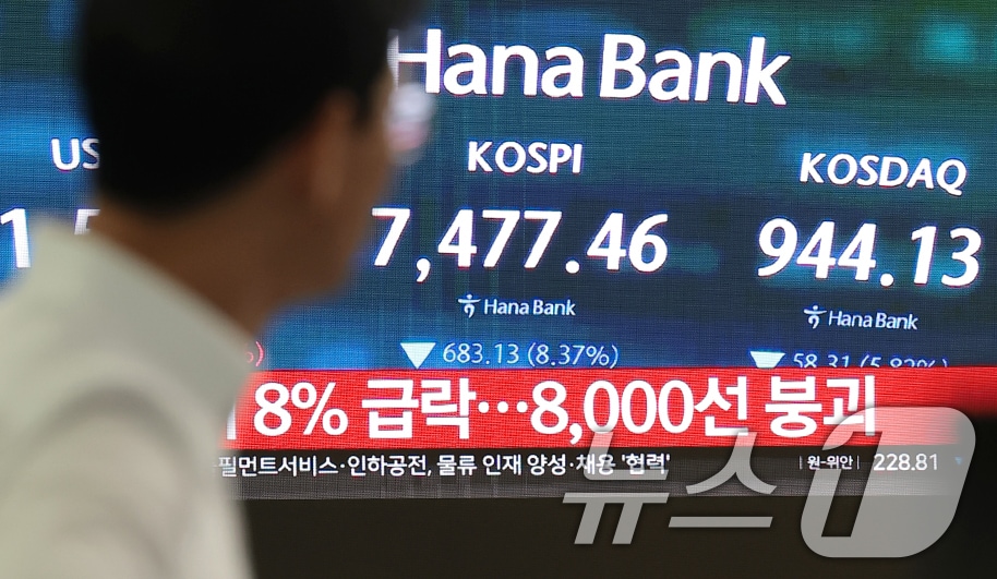코스피 지수가 하락 출발한 8일 서울 중구 하나은행 딜링룸 전광판에 장초반 시황이 나타나고 있다. 이날 코스피는 개장과 함께 8% 폭락해 8000선이 붕괴되며 서킷 브레이커가 발동됐다. 2026.6.8 ⓒ 뉴스1 권현진 기자