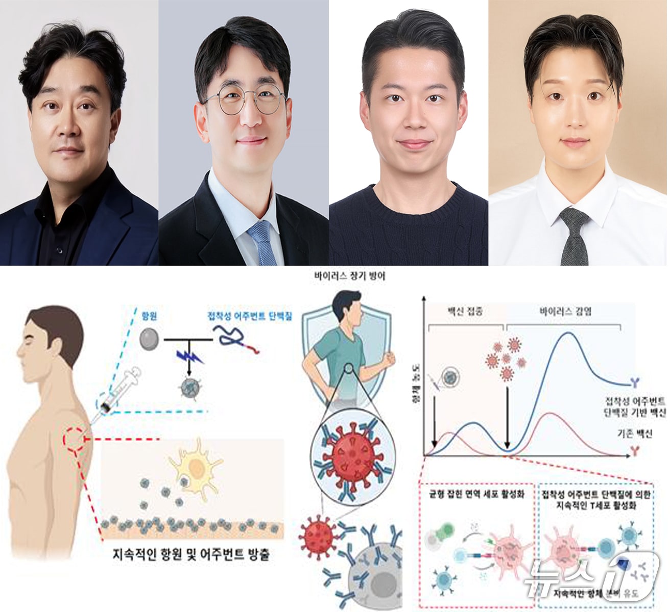 포스텍과 인천대 연구팀이 홍합의 강한 수중 접착 원리를 응용해 한번의 접종으로 장기간 면역 효과를 낼 수 있는 백신 기술을 개발했다. 왼쪽부터 차형준 포스텍 교수, 황병희 인천대 교수, 포스텍 생명공학부 박사과정 정석원씨, 포스텍 화학공학과 박사과정 우현택 씨. (포스텍제공, 재판매 및 DB금지) 2026.6.8/뉴스1