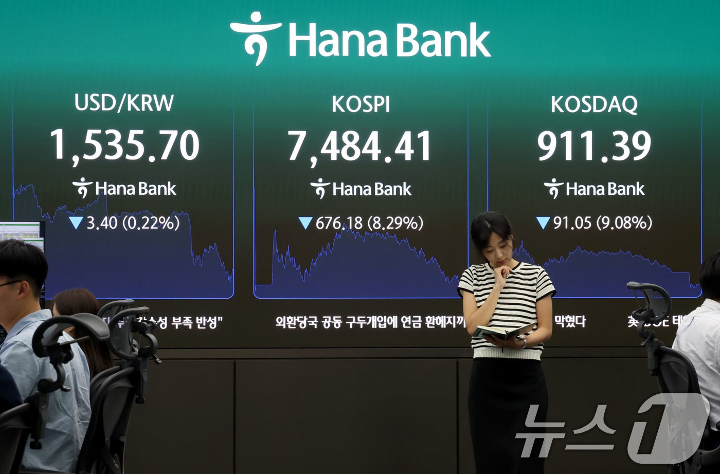  서울 중구 하나은행 딜링룸 현황판에 전장대비 676.18포인트(8.29%) 하락한 7.484.41을 나타내고 있다.  2026.6.8 ⓒ 뉴스1 이광호 기자