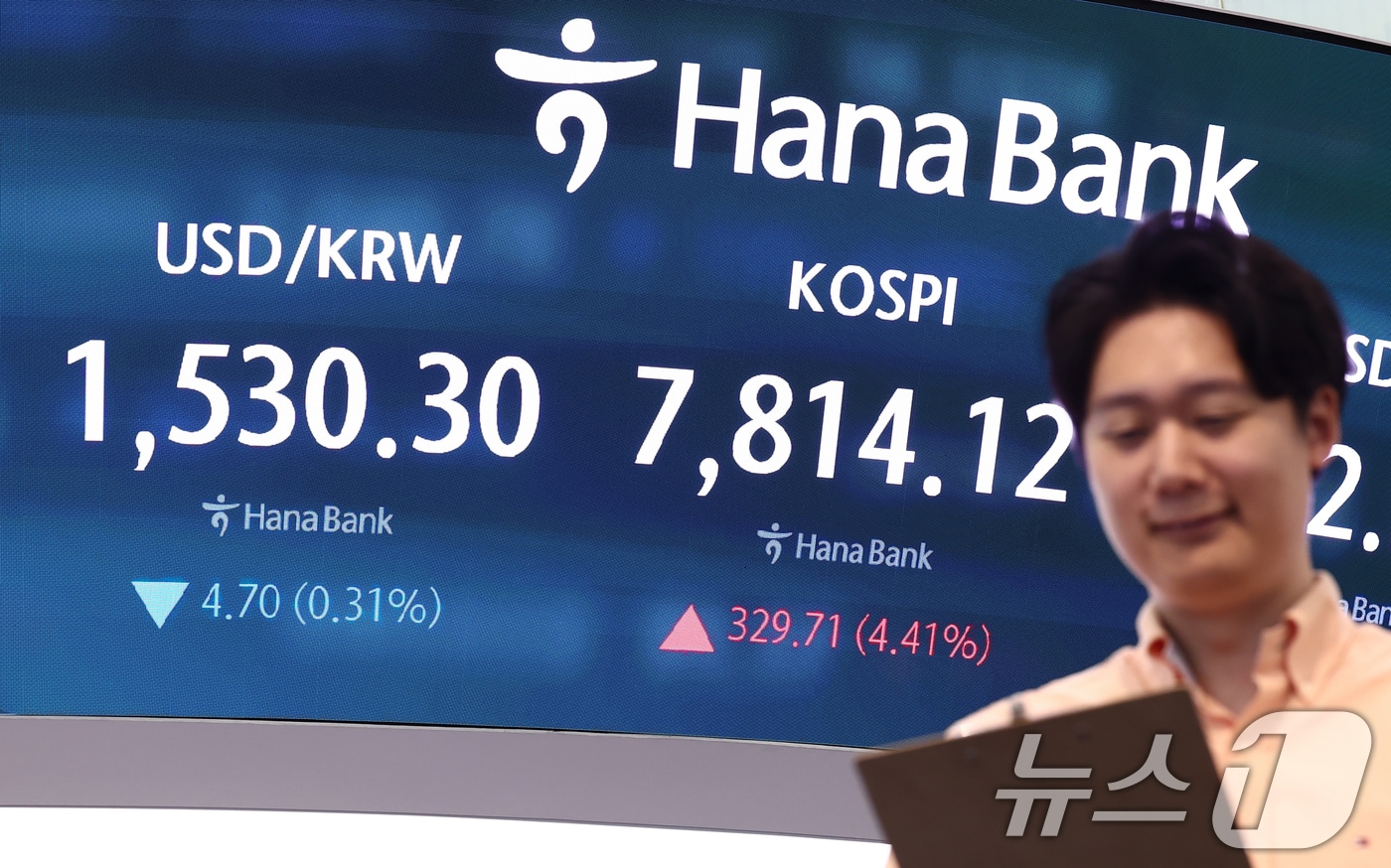 코스피가 전 거래일(7484.41)보다 213.35포인트(2.85%) 오른 7697.76에 개장한 9일 오전 서울 중구 하나은행 딜링룸 전광판에 환율이 나오고 있다. 이날 원·달러 환율은 전 거래일 주간거래 종가(1535.0)보다 5.6원 내린 1529.4원에 출발했다. 2026.6.9 ⓒ 뉴스1 김민지 기자