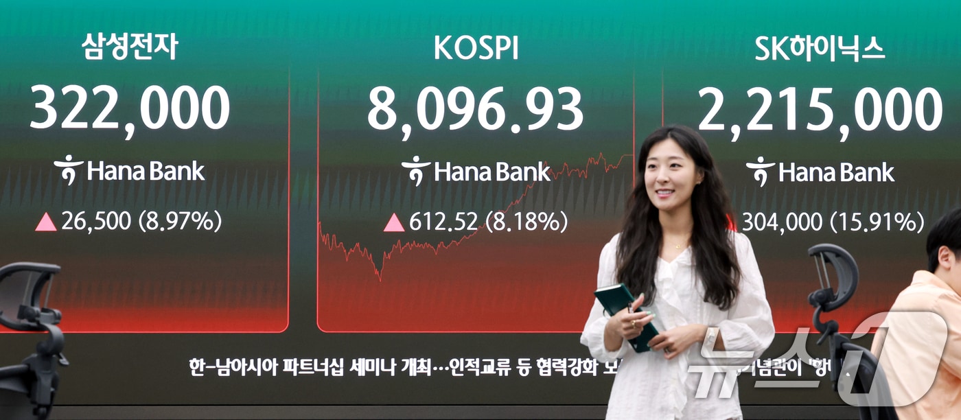 9일 서울 중구 하나은행 본점 딜링룸 전광판에 삼성전자와 SK하이닉스 종가가 나오고 있다. 2026.6.9 ⓒ 뉴스1 이호윤 기자