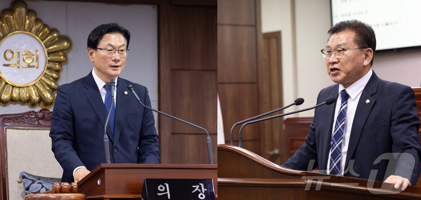 제10대 순천시의회 전반기 의장으로 선출된 유영철 의원(좌)과 부의장 이향기 의원. (순천시의회 제공. 재판매 및 DB금지) ⓒ 뉴스1