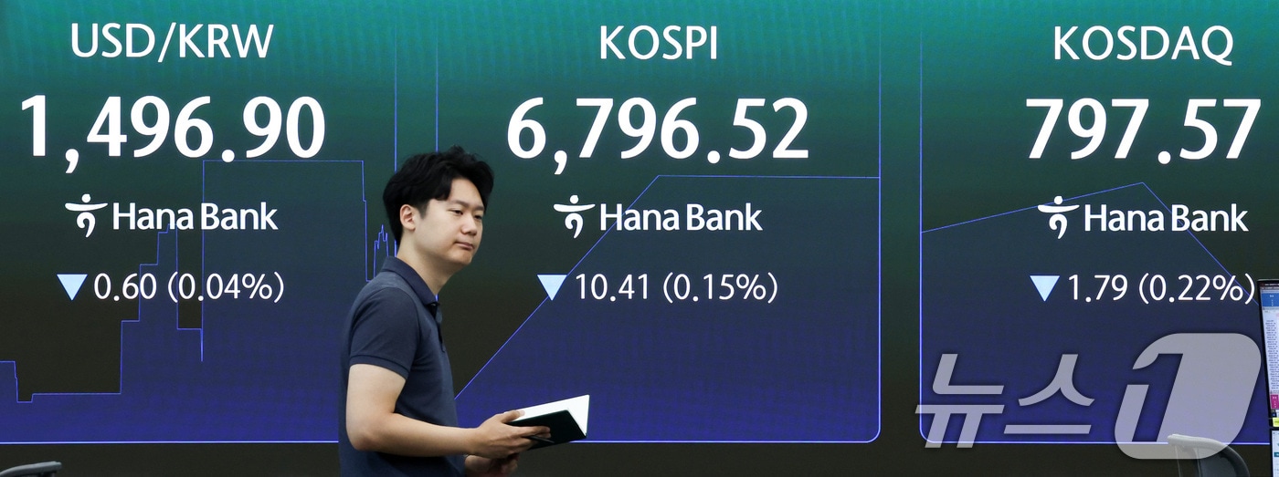 14일 서울 중구 하나은행 본점 딜링룸 전광판에 코스피 시황이 표시되어 있다. 2026.7.14 ⓒ 뉴스1 최지환 기자
