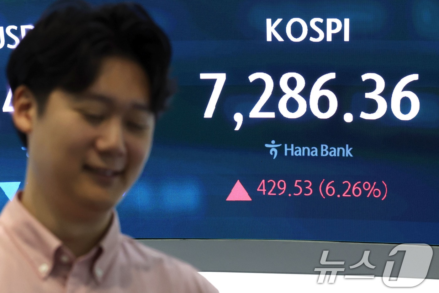 코스피 매수 사이드카가 발동된 15일 오전 서울 중구 하나은행 딜링룸 전광판에 코스피 지수가 표시되고 있다. 이날 코스피는 전 거래일(6856.83) 대비 3.30%(226.08포인트) 오른 7082.91에 출발했다. 2026.7.15 ⓒ 뉴스1 이종수 기자